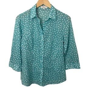 Coldwater Creek No Iron Aqua Blue Polka Dot Button Up 100% Cotton Sz S/8